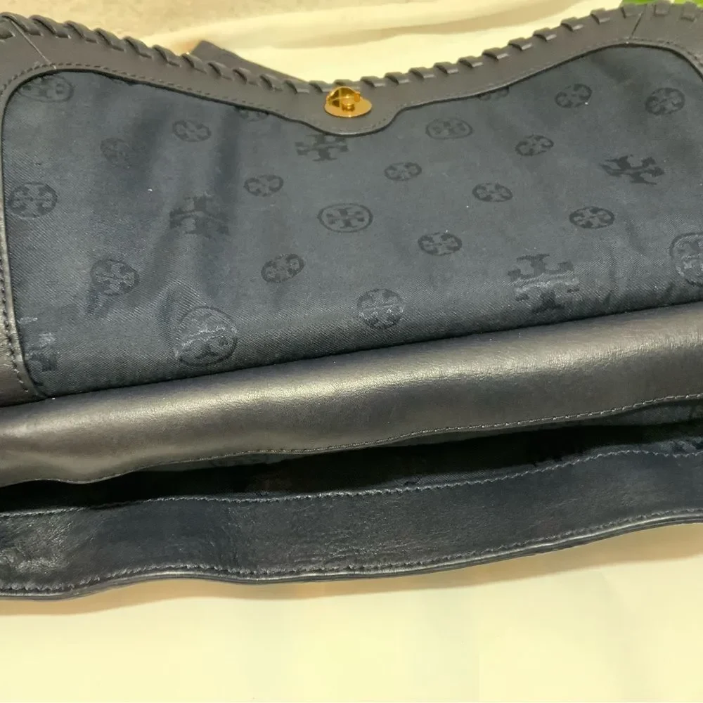 TORY BURCH MARION PATCHWORK SADDLEBAG Blue white liknew - Picture 12 of 16